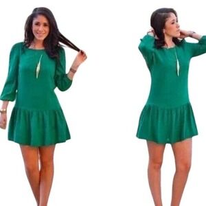 ANTHROPOLOGIE MEADOW RUE Primary Green Drop Waist W/Pockets 3/4" Sleeves Dress 4